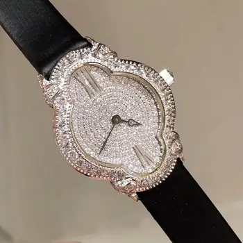 Luksuzni Pravega Usnja Watchband Cirkon Kamen Kristali Kremena ročno uro Oblikovalec elipse Izbiranje Watch Ura Za Ženske