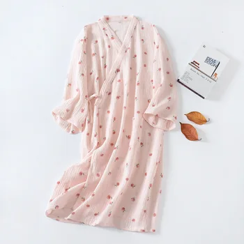 Japonski Kimono Halje za Ženske, Bombaž Grepe kopalni plašč Pomlad Jesen Sleepwear Dolg Rokav Nightgown Plus Velikost Hišna Obleke