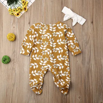 Novorojenih Otrok Baby Dekle z Dolgimi Rokavi Cvjetnim Tiskanja Romper +Glavo 2pcs Jumpsuit Jesenski Oblačila