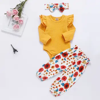 Dekle Oblačila 3Pcs Malčka Otroci Baby Dekle Cvetlični Dolg Rokav Vrhovi Bodysuit + Hlače +Glavo, Obleke, Oblačila