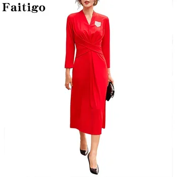 Ženska Rdeče Midi Obleko Jeseni Priložnostne Moda koreje Proti-vrat Dolg Rokav Plus Velikost Urad Ženske Obleke, Elegantne Stranka Obleko