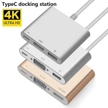 1PCS HDMI je združljiv USB3.0 PD VGA 3 Adapter USB Tip C Središče za HDMI 4K za MACBOOK Huawei MATE KNJIGO in Različnih Mobilnih telefonov Vroče