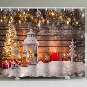 Božič Tuš Zavesa Osvetljeno Natisnjeni Srečno Novo Leto Tople soju Sveč Lesene Hiše Rdeče Nepremočljiva Zaveso za Tuš, Kopalnica