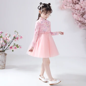 Čipke, Vezenine Cvet Dekleta Obleke Otroci Kitajski Cheongsam Obleko Baby Dekleta Elegantno Tradicionalno Kitajsko Novo Leto Obleko