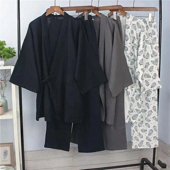 Bombaž Japonski Kimono Sleepwear za Samurai Moških Haori Vrhovi+hlače Oblačila Sklop Tradicionalnih Yukata Pižamo Nightgown Jinbei