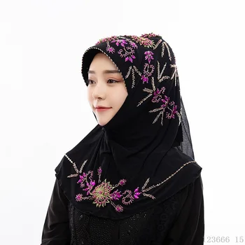 Malezijski Black 1piece Hidžab Beaded Vezeni Cvetlični Kape s ščitnikom Ženske Muslimanskih Turban Ledu Svileni Tanek Instant Epingle Hidžab dropshipping