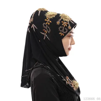 Malezijski Black 1piece Hidžab Beaded Vezeni Cvetlični Kape s ščitnikom Ženske Muslimanskih Turban Ledu Svileni Tanek Instant Epingle Hidžab dropshipping
