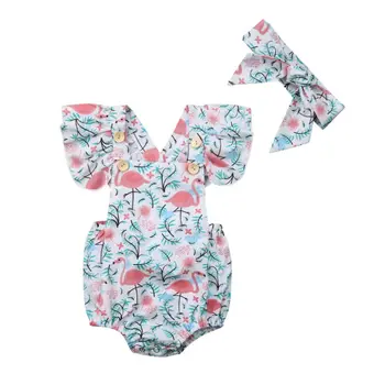 Novorojenček Malčka Otrok Baby Dekle Flamingo Romper Ruffles Jumpsuit +Glavo Obleke 2020 Poletje Risanka Tiskanja Oblačila 0-24M