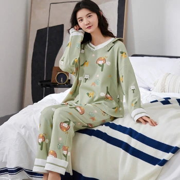 Pižamo žensk jeseni nov slog bombaža dolgo sleeved korejski dolgo sleeved hlače obleko tanke slog izlet domov nositi dva kosa sui