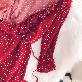 Vintage Elegantno Visoko Pasu Kravato Lok Pasu Sashes Korejskih Žensk Piko Proti-Vrat Ruffles Šifon Obleko Stranka Boho Plaža Počitnice Seksi Obleke