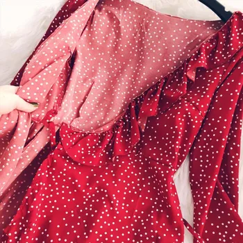 Vintage Elegantno Visoko Pasu Kravato Lok Pasu Sashes Korejskih Žensk Piko Proti-Vrat Ruffles Šifon Obleko Stranka Boho Plaža Počitnice Seksi Obleke