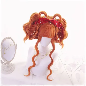 Harajuku Japonski Sweet Lolita Lasulje Princesa Dolgo Oranžna Kodraste Val Lasuljo Halloween Party Cosplay Hairpiece Sintetičnih Las + Skp