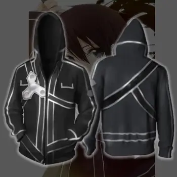 SAO Sword Art Online Kirito Asuna Cosplay Kostum Zip Gor 3D Hoodies Dolgimi Rokavi Moški Anime Hoodie Prevelik Hooded Majica