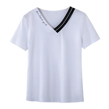 Nove Poletne majice Mercerized Bombaž Rebrasti Vzorec, Proti-vrat T-majice, Vezene v korejskem Slogu Žensk Slim Tee Shirt Femme Vrhovi
