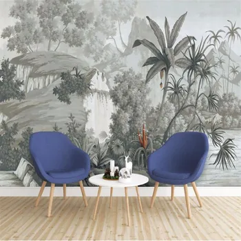 Milofi po meri velikih ozadje zidana retro nostalgično ročno poslikano deževnega gozda banana dlani, kavč, TV ozadju stene