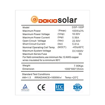 Dokio 100W Polikristalni Silicij solarnimi Kitajska 18V 1012x660x30MM Velikost Plošče Sončne najvišje kakovosti, Sončne Baterije, Kitajska