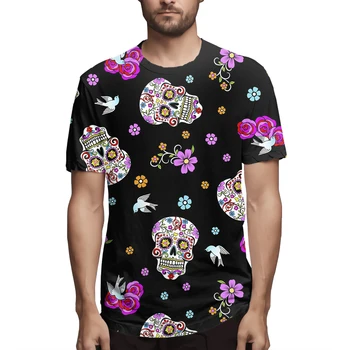 Udobno 3d natisnjeni T-shirt za odrasle in najstnike Mehko Mehiški sladkorja lobanje vzorec priložnostne kratkimi visoke kakovosti