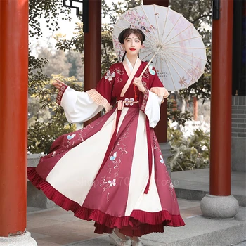 Starodavne Kitajske Pravljice Kostum Hanfu Obleko 6 Meter Nihalo Ženske Vezenje Retro Ming Dinastija Princesa Festival Obleko Folk