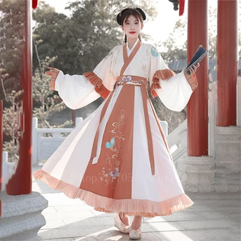 Starodavne Kitajske Pravljice Kostum Hanfu Obleko 6 Meter Nihalo Ženske Vezenje Retro Ming Dinastija Princesa Festival Obleko Folk