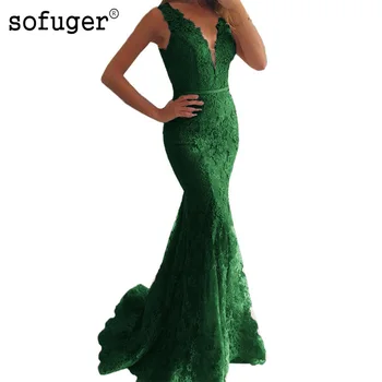 Eleganten V-Izrez Iluzijo Nazaj Morska Deklica Večerno Obleko Vestidos De Fiesta Largos De Gala Čipke Dolgo Prom Obleke