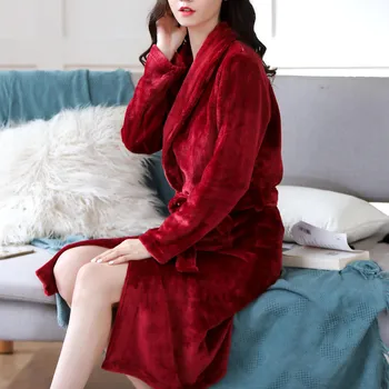 Obleke ženske Sleepwear Dame Moda Flanela Barva Povoj Žep Toplo Pižamo Nightgown Seksi in topel v zimskem času Peignoirs