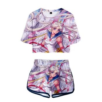 Vroče prodaje 3D Izpostavljeni Popka majica+hlače Sailor Moon ženske/dekle je dva kosa določa Priložnostne poletje trend tiskanja Sailor Moon 3D določa