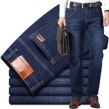 2020 Jeseni Nov Poslovni Moški Visoko Pasu Debele Jeans, Moda za Priložnostne Svoboden Stretch Traper Hlače Classic Črno Modra Slim Hlače