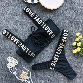 Kopalke za Ženske, Plavanje Obleko Push Up Bikini 2020 Mujer Čipke Ženske Bikini Kopalke Pismo Tiskanje Mini Tangice Bikini Komplet