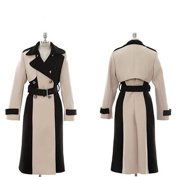 Novo Leto 2020 Jesensko Zimski Plašč Ženske Modni Angliji Slog Oblikovanja Mozaik Dvojno Zapenjanje Suknji Dolge Volnene Plašč Vrhnja Oblačila