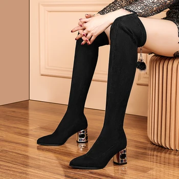 Zimski modni dolgo cev koleno-dolžina ženske čevlje suede in žamet toplo visoko peto so odporni na obrabo, dolgo čevlji