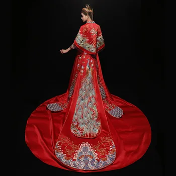 Ženske Orientalski Kitajski Qipao Azijskih Nevesta Poročni Zadnjo Obleko Obleke SuZhou Vezenje PAV Cheongsam Han Fu Oblačila Obleko