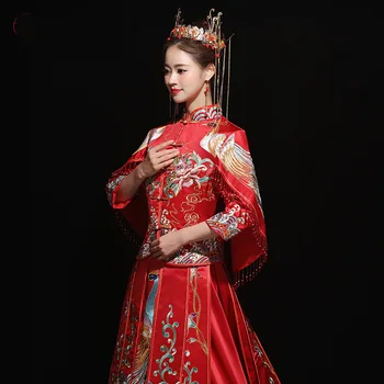 Ženske Orientalski Kitajski Qipao Azijskih Nevesta Poročni Zadnjo Obleko Obleke SuZhou Vezenje PAV Cheongsam Han Fu Oblačila Obleko