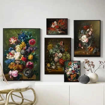 Vintage Cvet Platno Slikarstvo Krajine Wall Art Plakat in Tiskanje Pisane Rože Slike Za Dnevna Soba Dekoracijo Doma