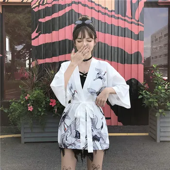 2020 Ins VROČE Kitajski Slog Bela Črna Žerjav Tisk Svoboden Poletje Ženske Harajuku Japonski Modni Kimono Jopico Azijskih Oblačila