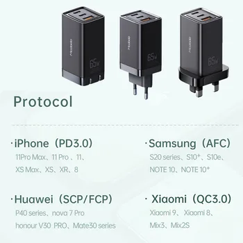 GaN Polnilnik 65W Hitro Polnjenje Tip C USB z QC4.0 PD3.0 Prenosni Za iphone Macbook Thinkpad Dell HP Prenosnik Huawei Samsung