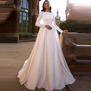Verngo Novo Preprost Saten Poročno Obleko 2020 Dolge Rokave Linijo Oblek Nevesta 3D Cvetje Letnik Arabric Formalno Poročnih Oblek