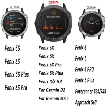 26/22 mm Watchband Za Garmin Fenix 6 6X Pro 5 5X Plus 3HR MK1 Silikonski Trak Easyfit Zapestje Pašček za Hitro Montažo Pribor