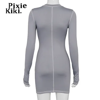 PixieKiki Pisma Natisnjena Sivo Dolg Rokav Bodycon Mini Obleka Pade Oblačila za Ženske do leta 2020 Fashion Sexy Stretch Vestidos P85-BC18