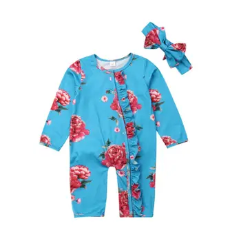2pcs Newborn Baby Girl Obleke z Dolgimi Rokavi Cvetlični Romper Jumpsuit Jeseni Obleko