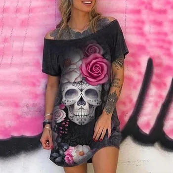 Plus Velikost Goth Lobanje Rose Tiskanja Off Ramenski Mini Obleka Ženske Grafični Punk Grunge Svoboden Kratek Rokav Obleke Zima Poletje Y2K
