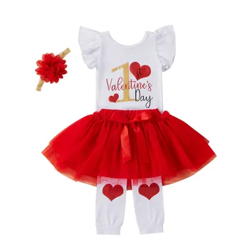 #500-24m Newborn Baby Dekleta 4-kos Valentine Obleko za Malčke Baby Dekleta Valentinovo Pismo Romper Bodysuit+til Krila