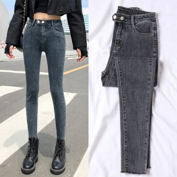 Sive jeans ženska visoko pasu, ženske suh moda korejski oprati traper svinčnik stretch hlače jean črna plus velikost 2020 jeseni nova