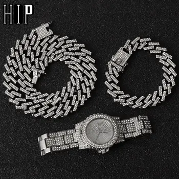 Hip Hop Ogrlica +Watch+Zapestnica Bling Ledeni Iz Miami Cirkon Kubanski Vile Utrla Nosorogovo Moških Zapestnico, Ogrlico, Ki Za Moške Nakit