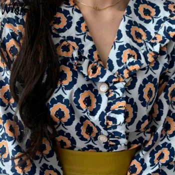 WAKUTA Žensk Cvet Tiskanja Bluzo 2020 Moda Pomlad Ogrlicom Zavoj navzdol Ovratnik Flare Long Sleeve Majica Ženske Izgubijo Sladki Vrhovi