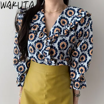 WAKUTA Žensk Cvet Tiskanja Bluzo 2020 Moda Pomlad Ogrlicom Zavoj navzdol Ovratnik Flare Long Sleeve Majica Ženske Izgubijo Sladki Vrhovi