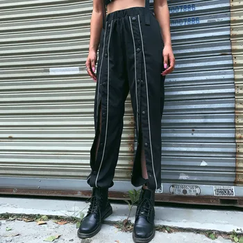 JIEZuoFang jeseni črno Odsevno Mozaik Harem hlače, womens Priložnostne svoboden Dna 2019hot prodaje votlih Punk Aktivno Nositi hlače
