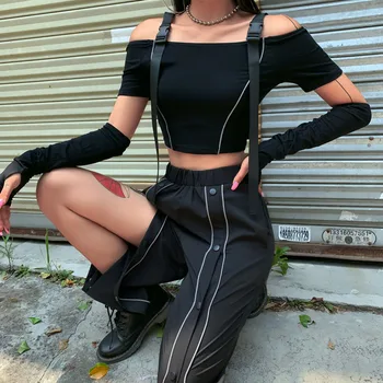 JIEZuoFang jeseni črno Odsevno Mozaik Harem hlače, womens Priložnostne svoboden Dna 2019hot prodaje votlih Punk Aktivno Nositi hlače