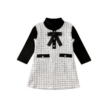 2Pcs Otrok Baby Girl Obleke, Kompleti Dolg Rokav Visok Ovratnik ButtonTop T-shirt+Srčkan Kariran Obleka Princess Formalno Bombaž Obleko 18 M-6Y