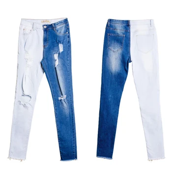 Fant Suh Mozaik Dveh Odtenkih Jeans Za Ženske Do Leta 2020 Visoko Pasu Raztrgala Denim Jeans Hlače Estetske Bela Modra Plus Velikost