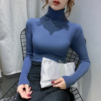 Ženske Elegantne Turtleneck Zimske Puloverje 2020 Moda Dolg Rokav Dame Pletene Vrhovi Korejski Oblačila Slim Roza Osnovne Puloverji